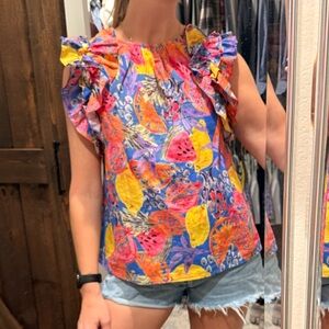 entro Bright Fruit-Print Ruffle Sleeve Blouse in Yellow & Blue